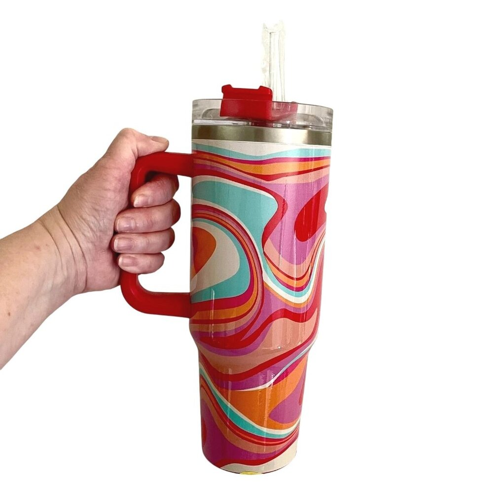 Katydid Large 40 oz Insulated Tumbler Mug w/ Handle Straw Groovy Swirles Design